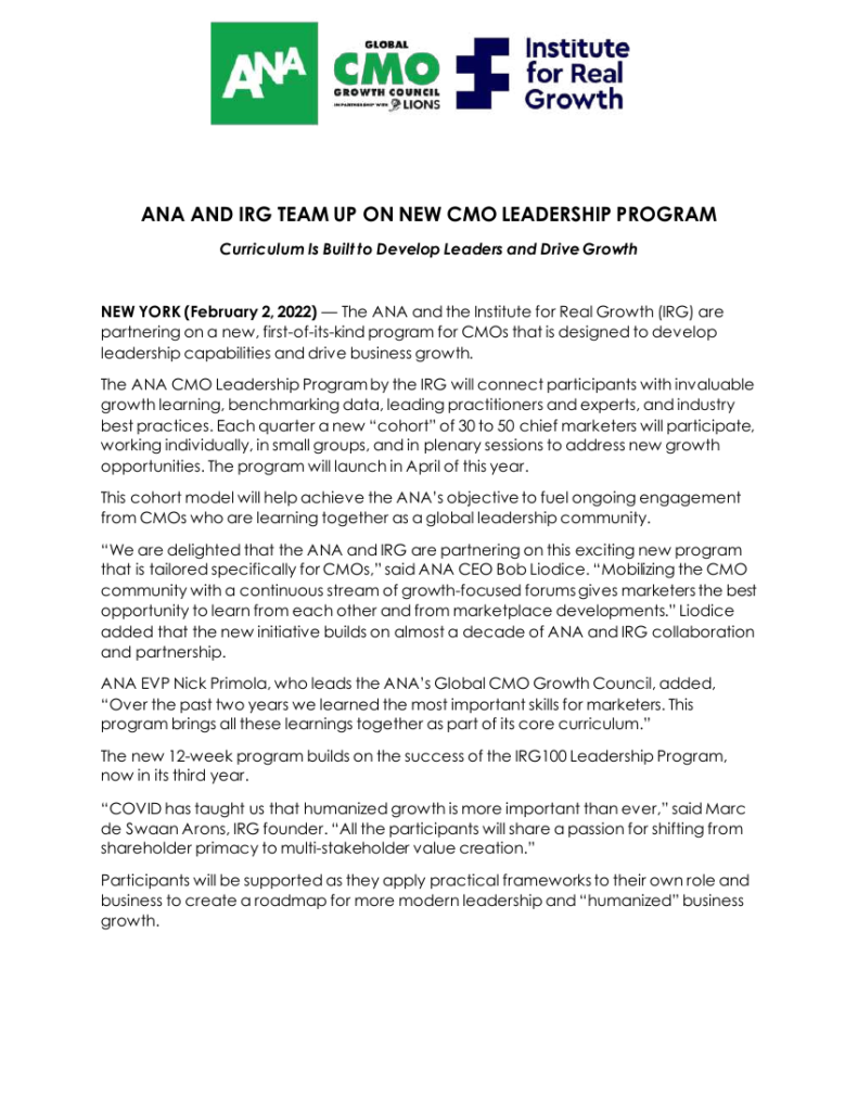 Cover of The ANA and IRG Build a Twelve Week Program for CMOs