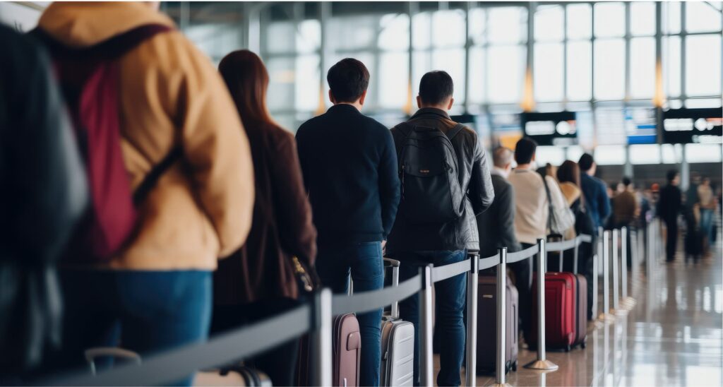 Travellers queueing at an airport, seen from behind, one of them with a silver suitcase.