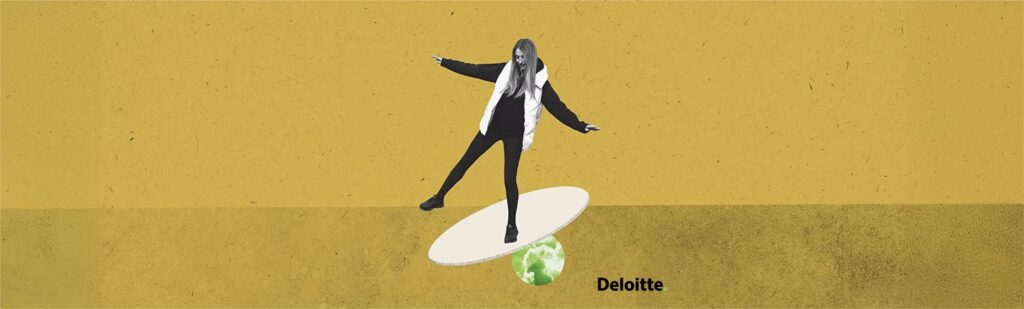 A Deloitte illustration of “stagility”: a figure balancing on a surfboard on solid ground.
