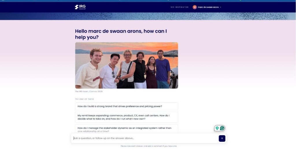 The IRG Inspirator’s welcome screen, with a photograph of the IRG team in Cannes and suggested questions to ask.