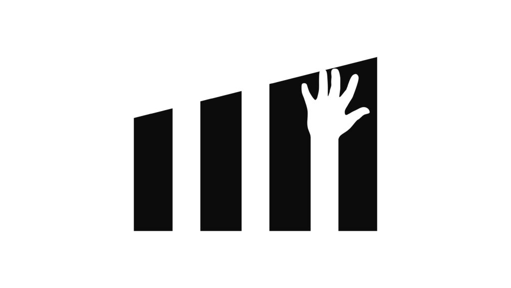A rising bar chart drawn in black, with a human hand reaching up out of the tallest bar.