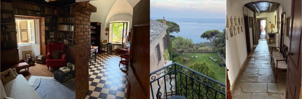 Four rooms of a former monastery: a book-lined library, a vaulted study, a balcony above the sea, and a stone corridor hung with pictures.
